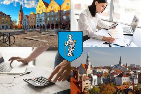 Kolaż: Rynek, herb miasta, kobieta z kalkulatorem i laptopem, widok miasta.