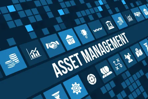 Grafika przedstawia hasło "ASSET MANAGEMENT" otoczone ikonami symbolizującymi zarządzanie zasobami, inwestycje i rozwój.