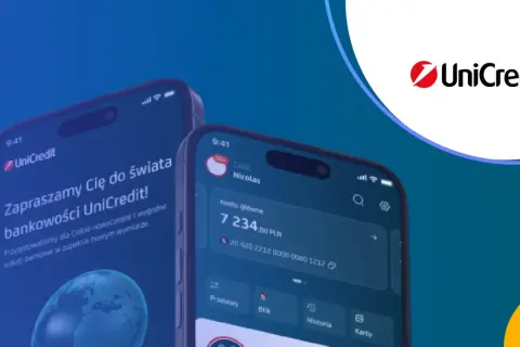 Dwa smartfony prezentujące aplikację bankową UniCredit. Na jednym ekranie widać zaproszenie do świata bankowości, na drugim saldo konta i opcje takie jak przelewy czy karty.