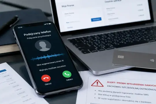 Telefon z powiadomieniem o podejrzanym połączeniu, ostrzeżeniem o wyłudzeniu danych i kartą płatniczą. Uważaj na oszustów podszywających się pod Velo Bank.