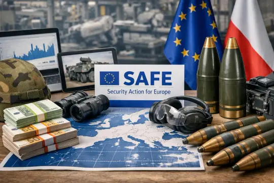 Program sejf: pieniądze, wojskowy hełm, lornetka, mapa Europy, flagi UE i Polski, pociski.