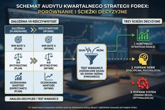 Schemat audytu strategii Forex: porównanie planu z wynikami, analiza odchyleń i test wariancji. Trzy ścieżki decyzyjne: kontynuuj, popraw siebie, popraw system.