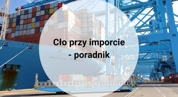Kontenerowiec w porcie, dźwigi i wózek do przewozu kontenerów. Poradnik o tym, jak zapłacić cło przy imporcie.