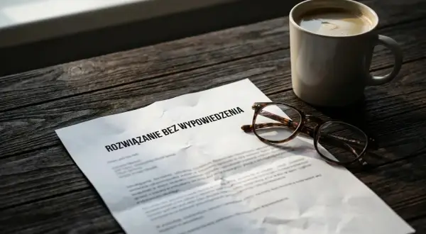 Na drewnianym stole leży dokument "Rozwiązanie bez wypowiedzenia", obok okulary i kubek kawy. To może być zapowiedź zwolnienia dyscyplinarnego.