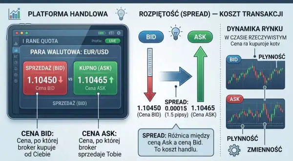 Ilustracja wyjaśnia notowania walutowe, pokazując platformę handlową z cenami BID i ASK, oraz spread jako koszt transakcji. Niższy spread oznacza niższe koszty dla inwestora.