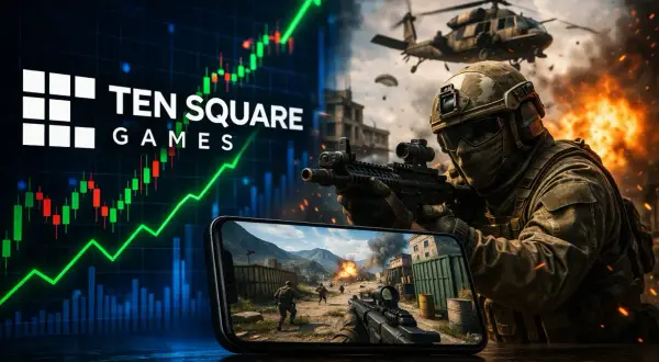 Ten Square Games akcje rosną! Widok żołnierza z karabinem i helikopter w tle, a na ekranie telefonu dynamiczna gra akcji.