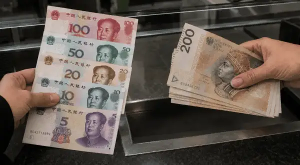 Ręka trzyma stos banknotów chińskiej waluty: 100, 50, 20, 10 i 5 juanów. Druga ręka podaje polskie banknoty 200 złotych.