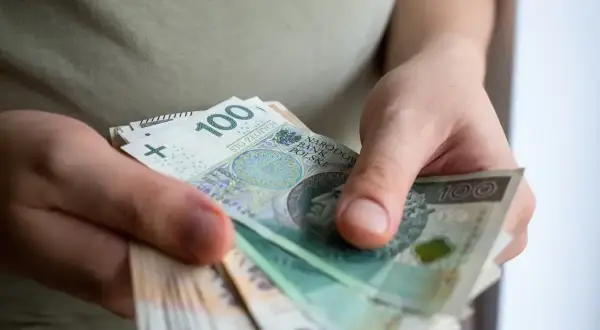 Dłonie trzymające stos banknotów 100 zł. Może to być pomoc de minimis dla przedsiębiorcy.