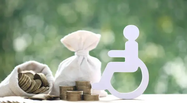 Symbol osoby na wózku inwalidzkim obok worków z pieniędzmi i monet. Świadczenie wspierające 2025.