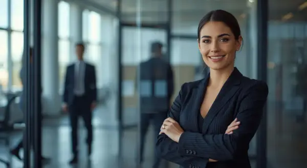Uśmiechnięta bizneswoman w garniturze, symbol profesjonalizmu i **compliance**. W tle mężczyźni w biurze.