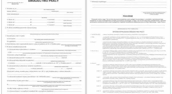 Świadectwo pracy z danymi pracownika, okresem zatrudnienia i informacjami o urlopach.