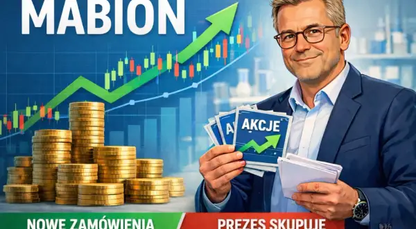Mabion: prezes skupuje akcje, stosy złotych monet i wykres wzrostu.