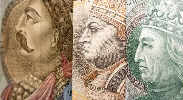 Fragmenty banknotu 1000 zł z wizerunkami królów. Widoczne portrety władców w profilu, ozdobione koronami i strojami.
