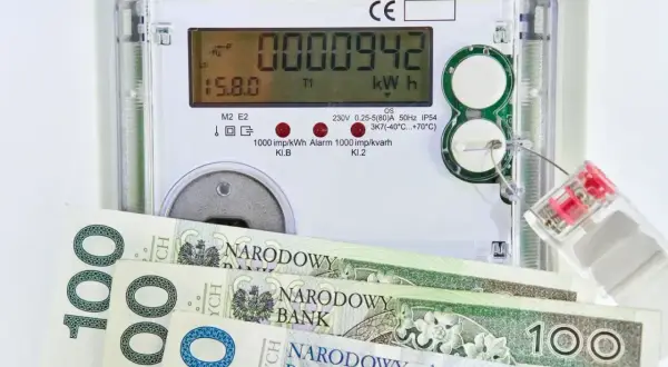 Licznik energii elektrycznej z banknotami 100 zł. Zastanawiasz się, jaka będzie cena prądu 2026 za 1 kWh?