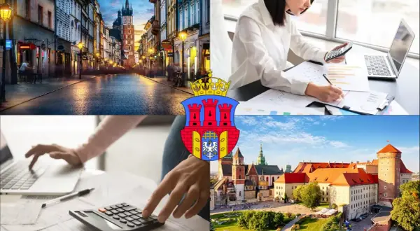 Kraków: Rynek Główny, Wawel, kobiety pracujące z kalkulatorem i laptopem, herb miasta.