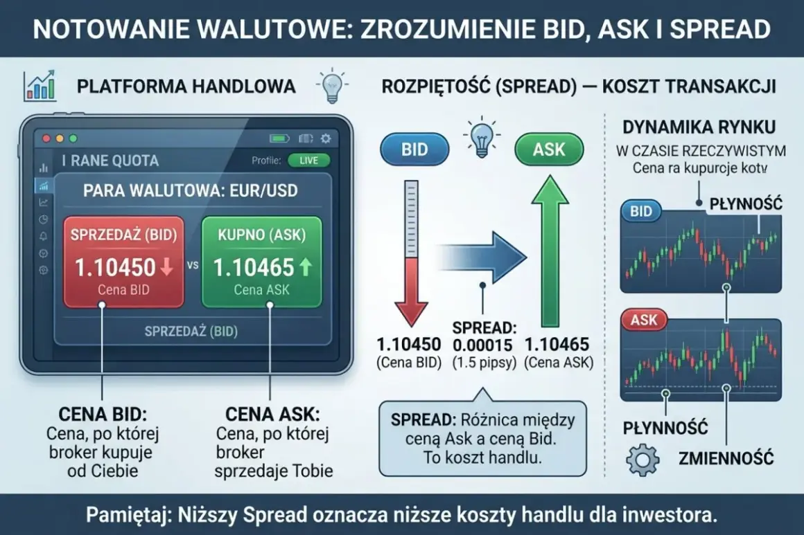 Ilustracja wyjaśnia notowania walutowe, pokazując platformę handlową z cenami BID i ASK, oraz spread jako koszt transakcji. Niższy spread oznacza niższe koszty dla inwestora.