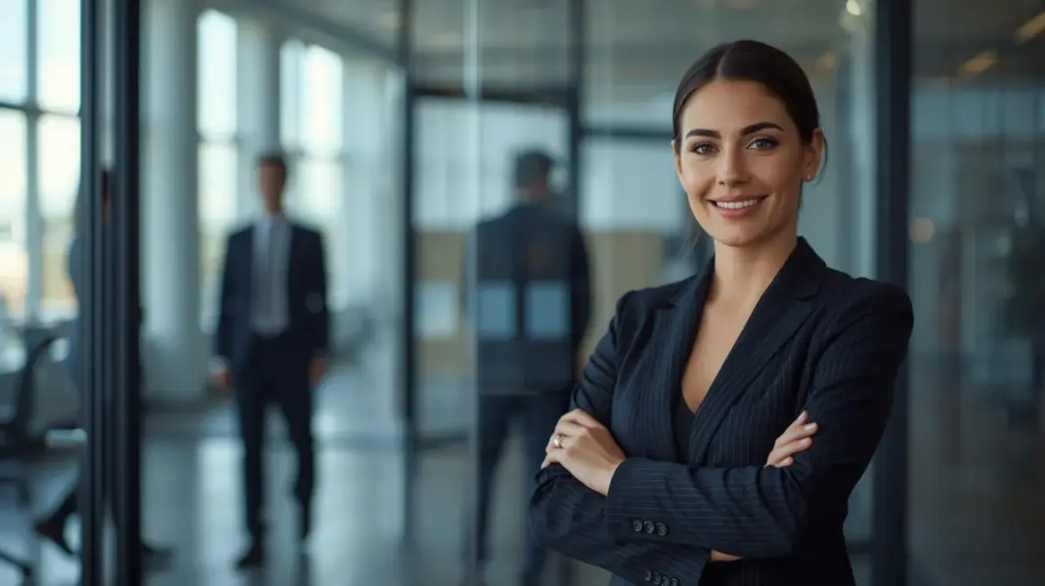 Uśmiechnięta bizneswoman w garniturze, symbol profesjonalizmu i **compliance**. W tle mężczyźni w biurze.