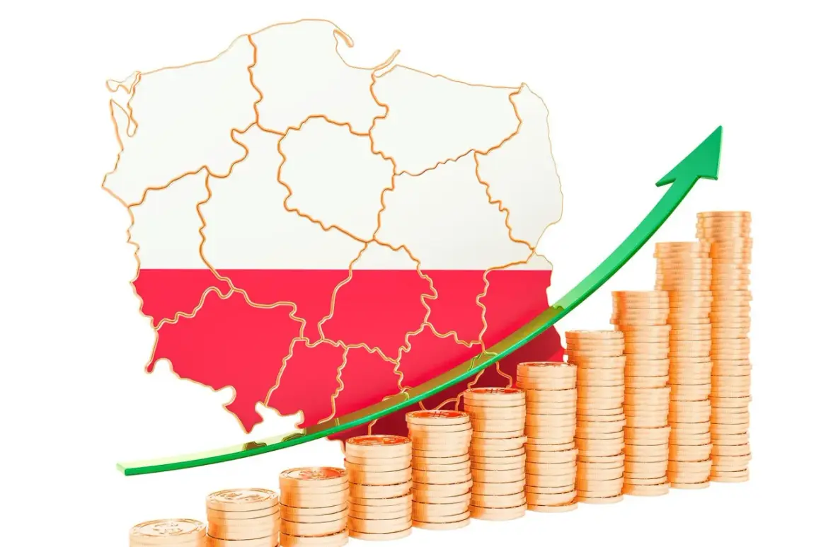 Mapa Polski z flagą i rosnącymi stosami monet, symbolizująca wzrost PKB Polski 2025.