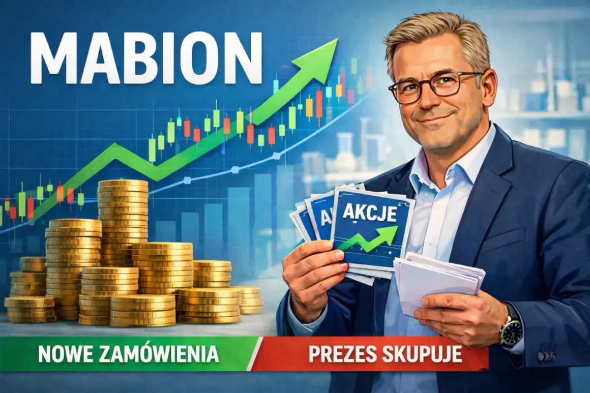 Mabion: prezes skupuje akcje, stosy złotych monet i wykres wzrostu.
