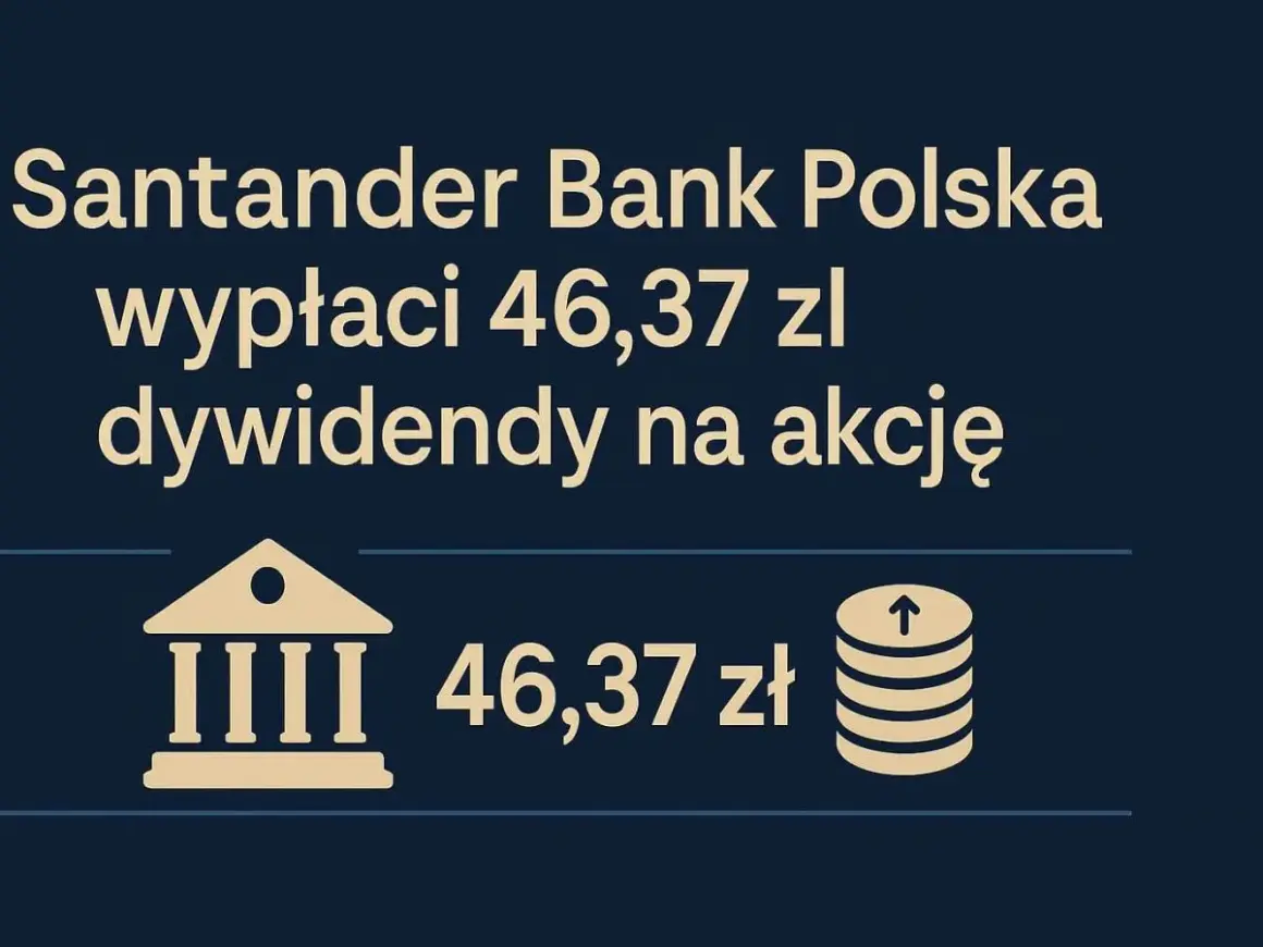 Santander Bank Polska wypłaci 46,37 zł dywidendy na akcje. Ikona banku i stos monet symbolizują zysk z akcji.