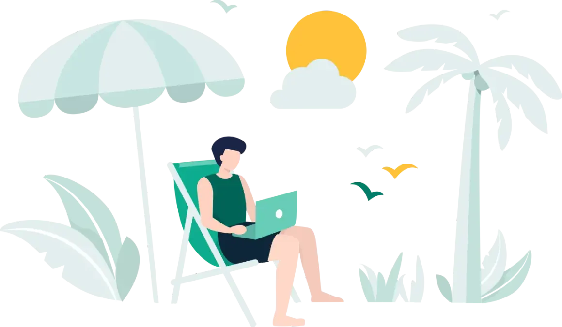Mężczyzna pracuje na laptopie pod parasolem plażowym, marząc o wakacjach ZUS 2026. Palmy i słońce tworzą tropikalny klimat.