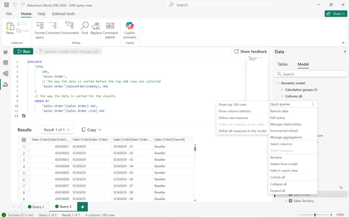 Widok zapytania DAX w Power BI. Widać kod DAX, wyniki zapytania i menu kontekstowe z opcjami, np. "Quick queries".