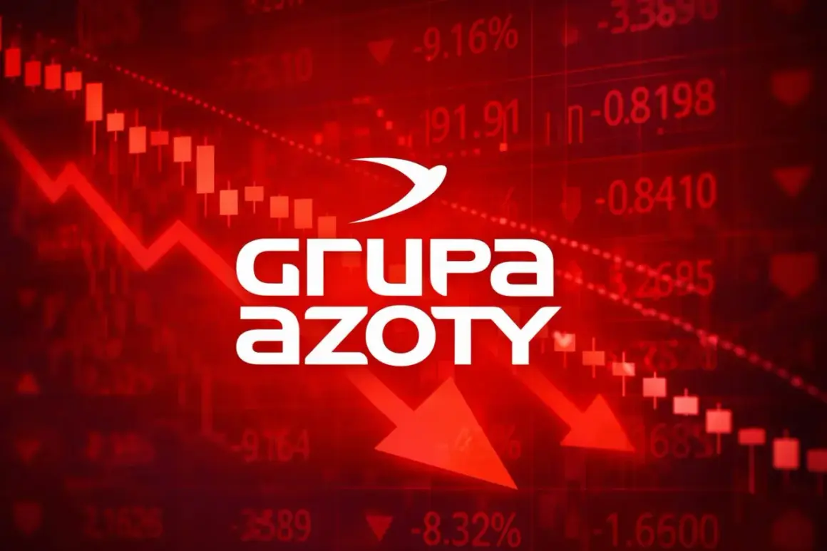 Wykresy giełdowe z czerwonymi spadkami i logo Grupy Azoty. Akcje Azoty na czerwonym tle.