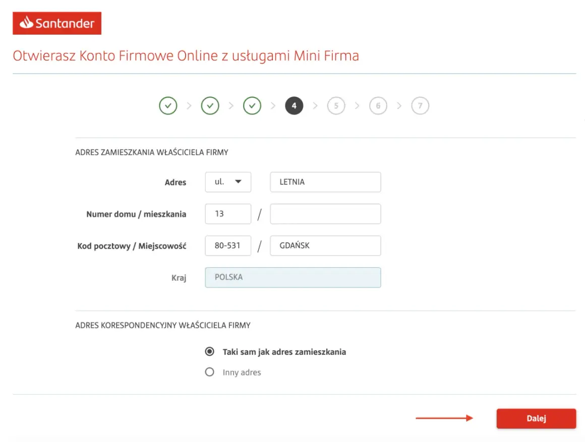 Formularz otwierania Santander konto firmowe. Wpisujesz adres zamieszkania właściciela firmy: ul. Letnia 13, 80-531 Gdańsk, Polska.