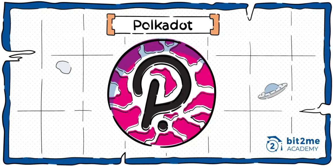 Logo Polkadot z napisem "Polkadot" i latającym spodkiem.