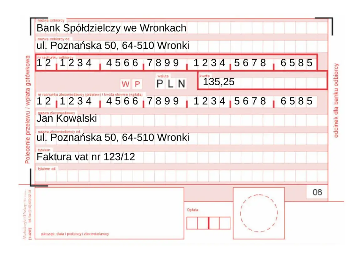 Potwierdzenie przelewu na kwotę 135,25 PLN dla Jana Kowalskiego, tytułem Faktura vat nr 123/12.