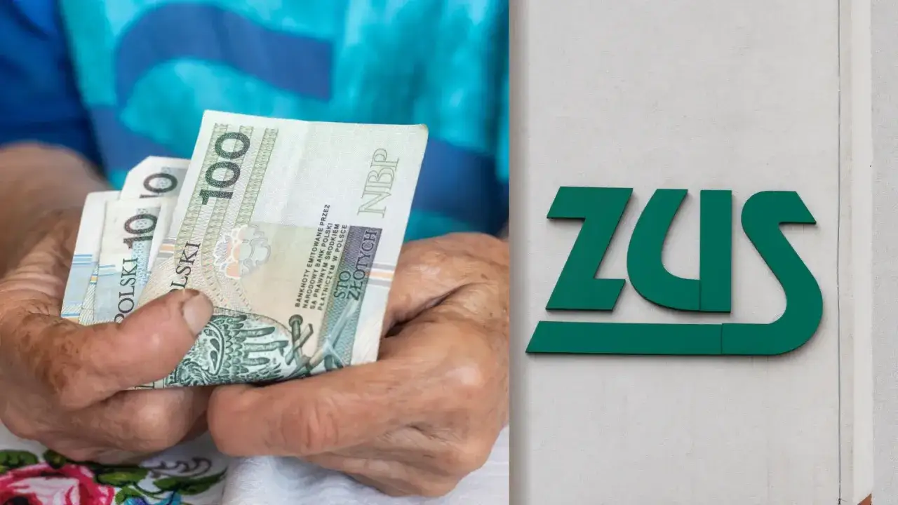 Dłonie trzymające banknoty 100 zł i 10 zł obok logo ZUS. Czy to wypłata emerytury pomostowej?