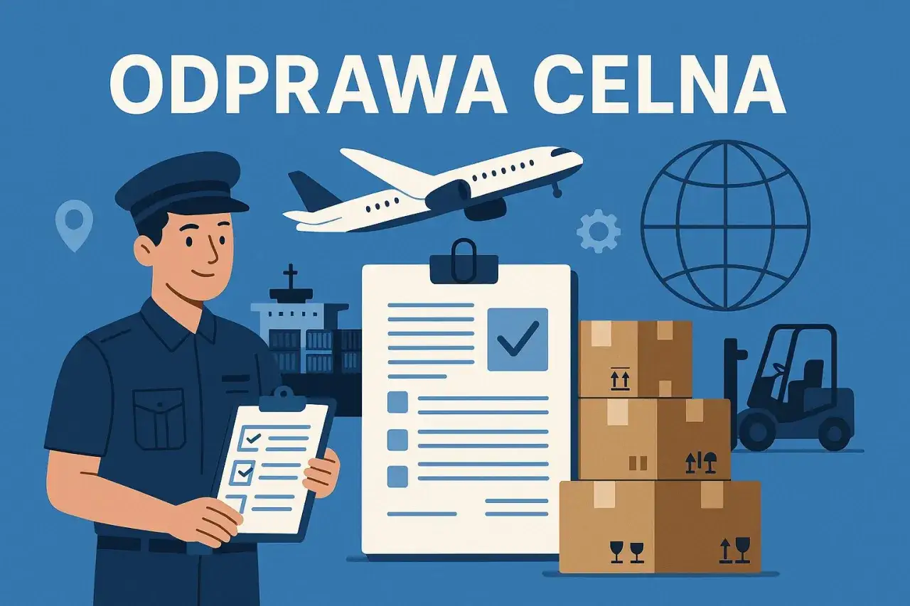 Celnik sprawdza dokumenty przy stosie paczek. W tle samolot, statek i globus, symbolizujące międzynarodowy import.
