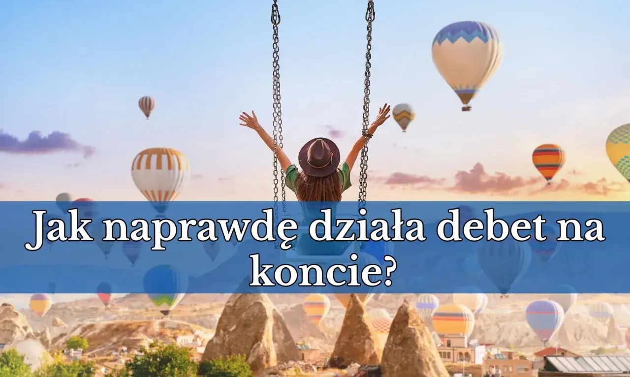 Kobieta na huśtawce z rękami w górze, w tle balony na gorące powietrze. Jak naprawdę działa debet na koncie?