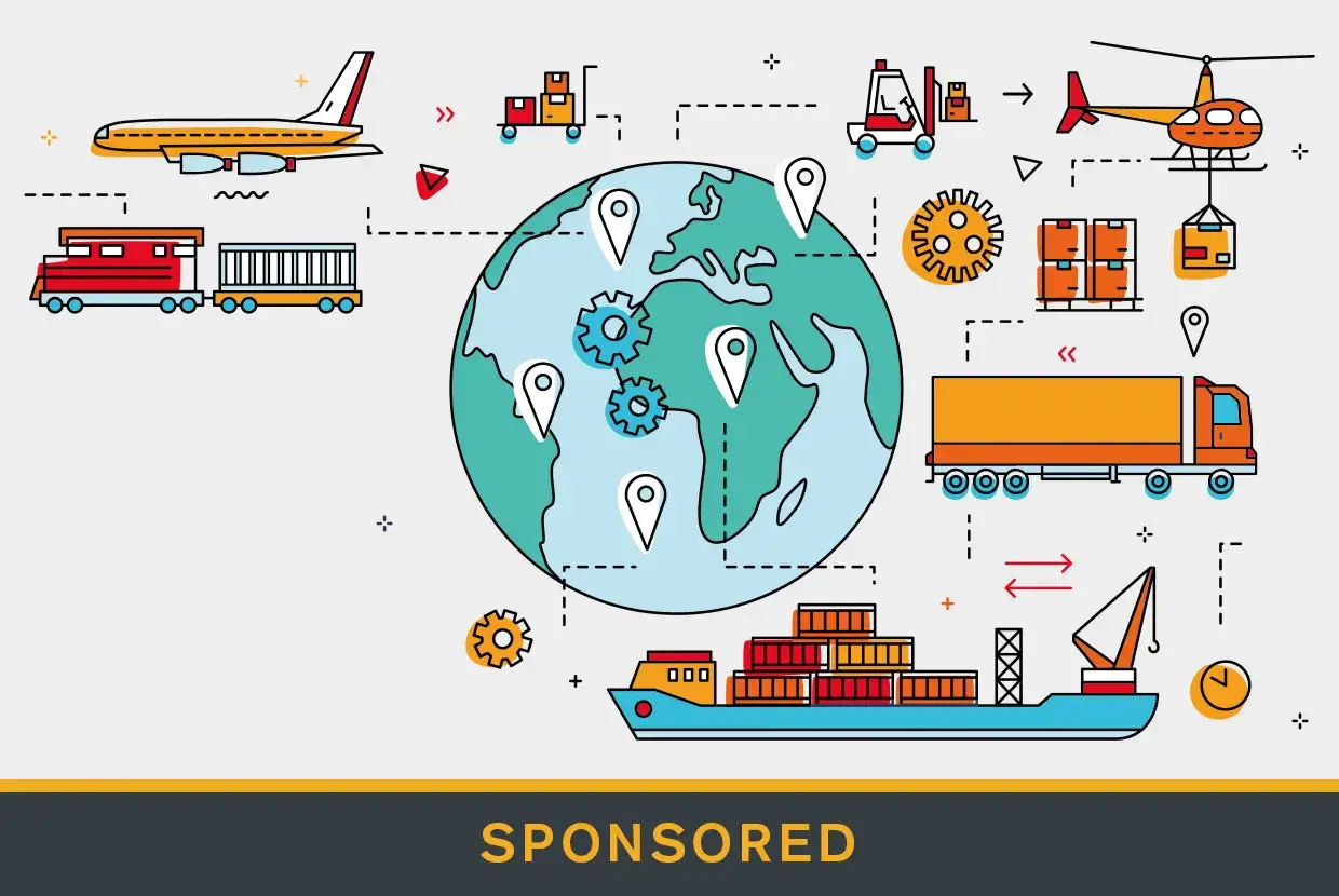 Ilustracja przedstawia globalizację: samolot, pociąg, ciężarówka, statek i helikopter transportują towary po całym świecie, symbolizując międzynarodowy handel.