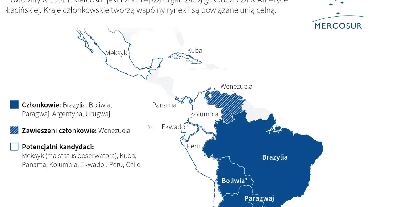 Mapa Ameryki Południowej z zaznaczonymi krajami Mercosur. Dowiedz się, mercosur co to za organizacja gospodarcza.
