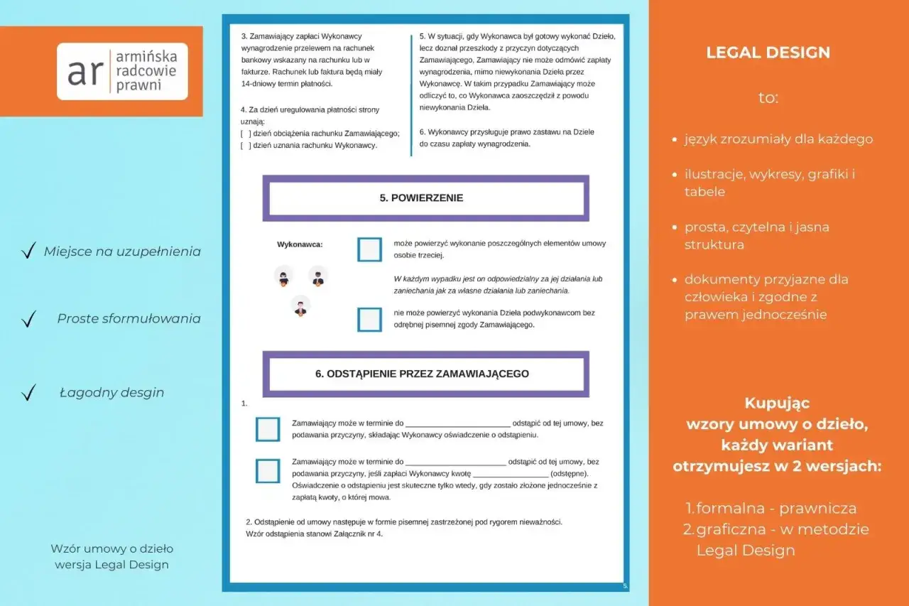 Wzór umowy o dzieło w wersji Legal Design: przejrzyste zasady, miejsce na uzupełnienia i proste sformułowania.