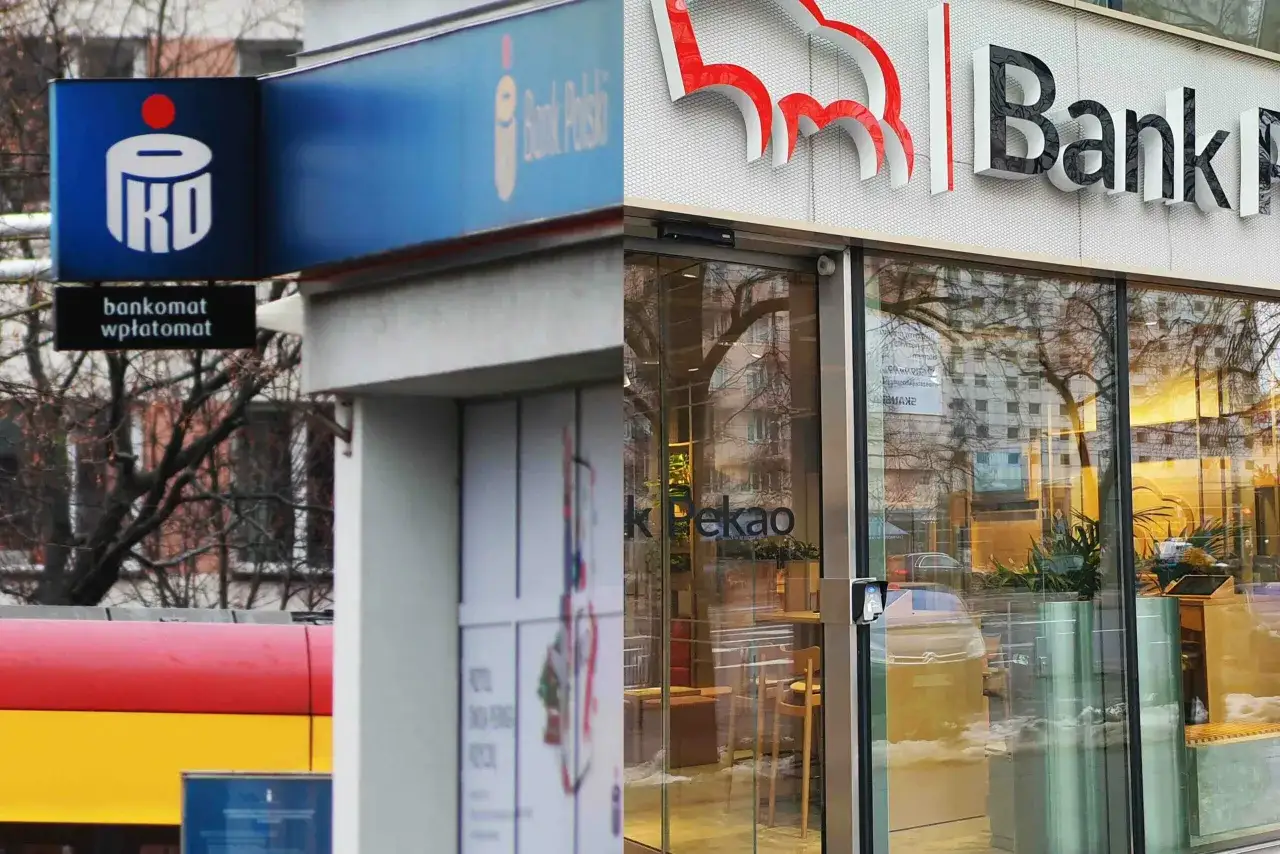 PKO czy Pekao? Zbliżenie na szyldy dwóch banków: niebieski z logo PKO i napisem 