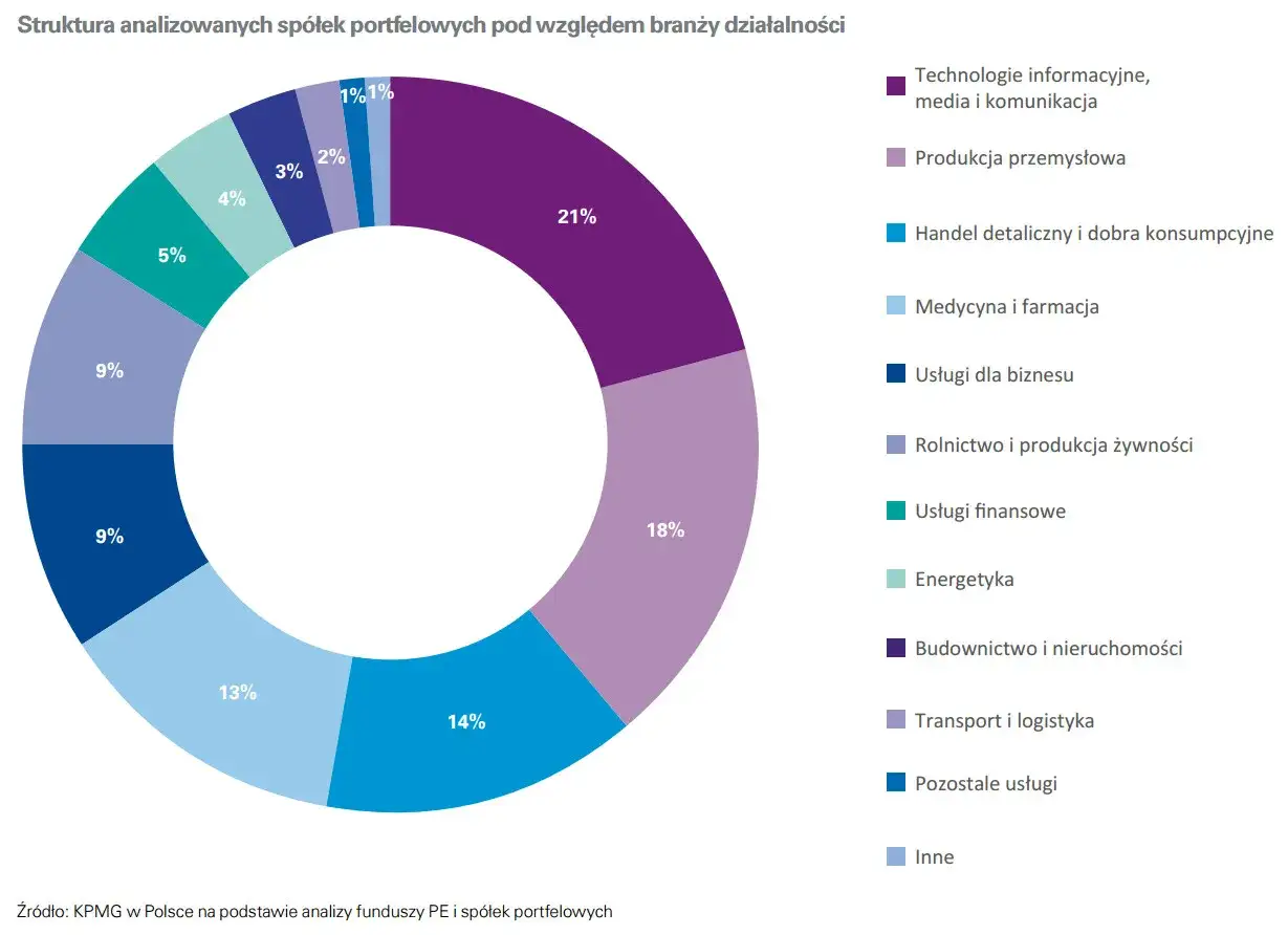 Analiza spółek portfelowych: 21% IT, 18% produkcja przemysłowa, 14% handel, 13% usługi dla biznesu. Mid Europa Partners inwestuje w różnorodne branże.