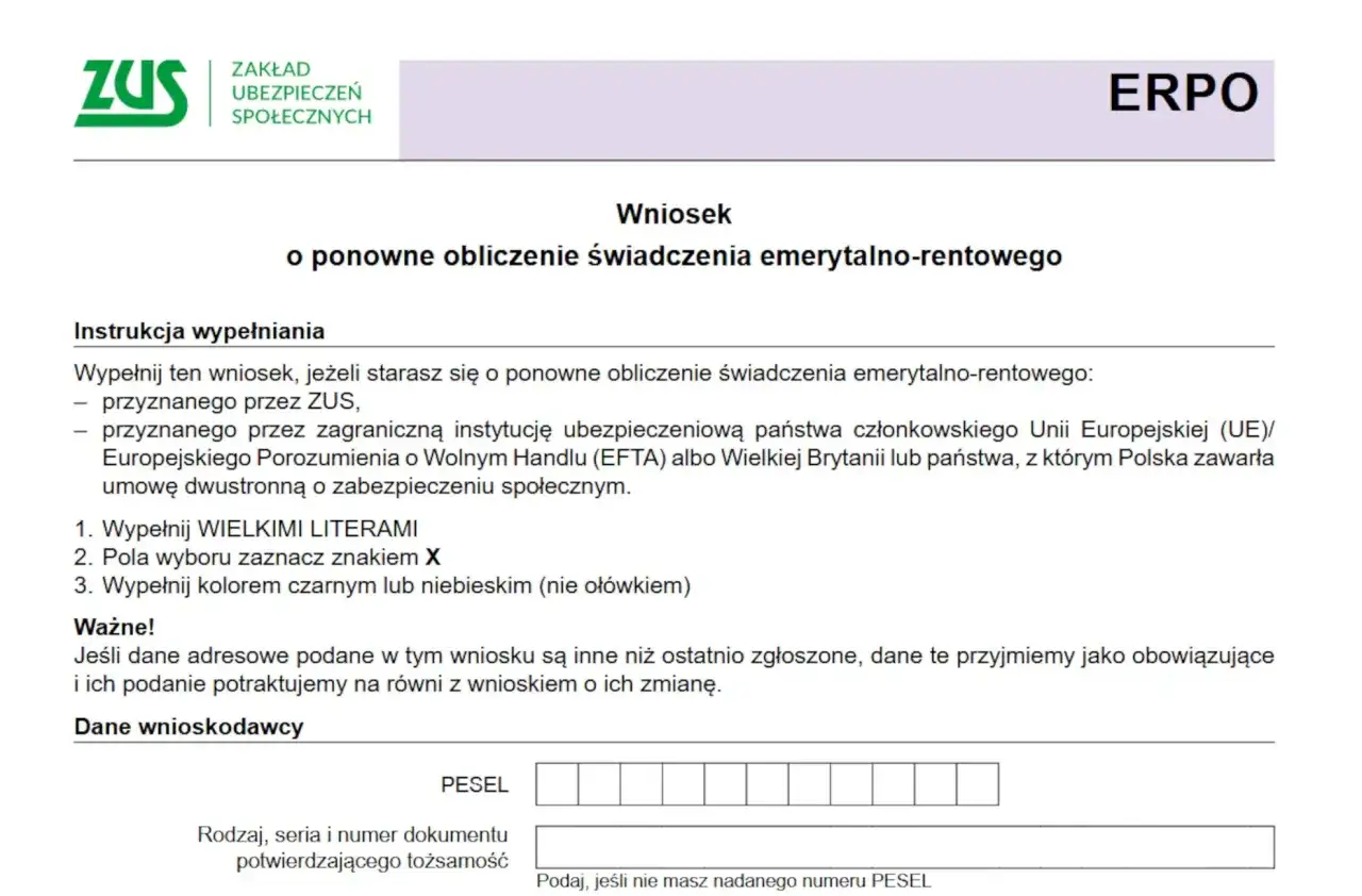 Wniosek o ponowne obliczenie emerytury dla osób, które starają się o świadczenie z ZUS lub zagranicznej instytucji.