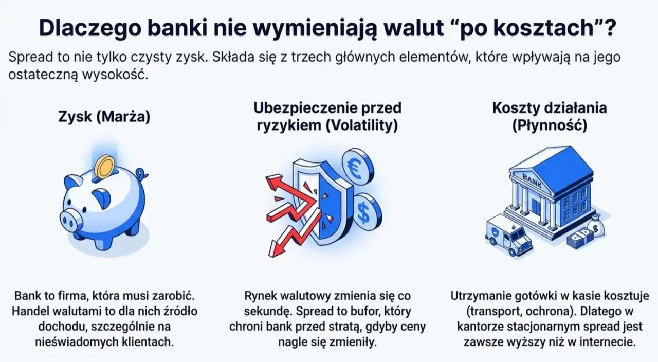 Wyjaśnienie, co to jest spread na giełdzie: zysk banku, ochrona przed ryzykiem i koszty działania.