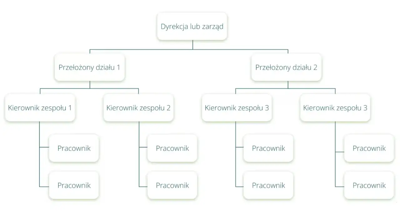 Schemat organizacyjny przedsiębiorstwa: Dyrekcja, przełożeni działów, kierownicy zespołów i pracownicy.
