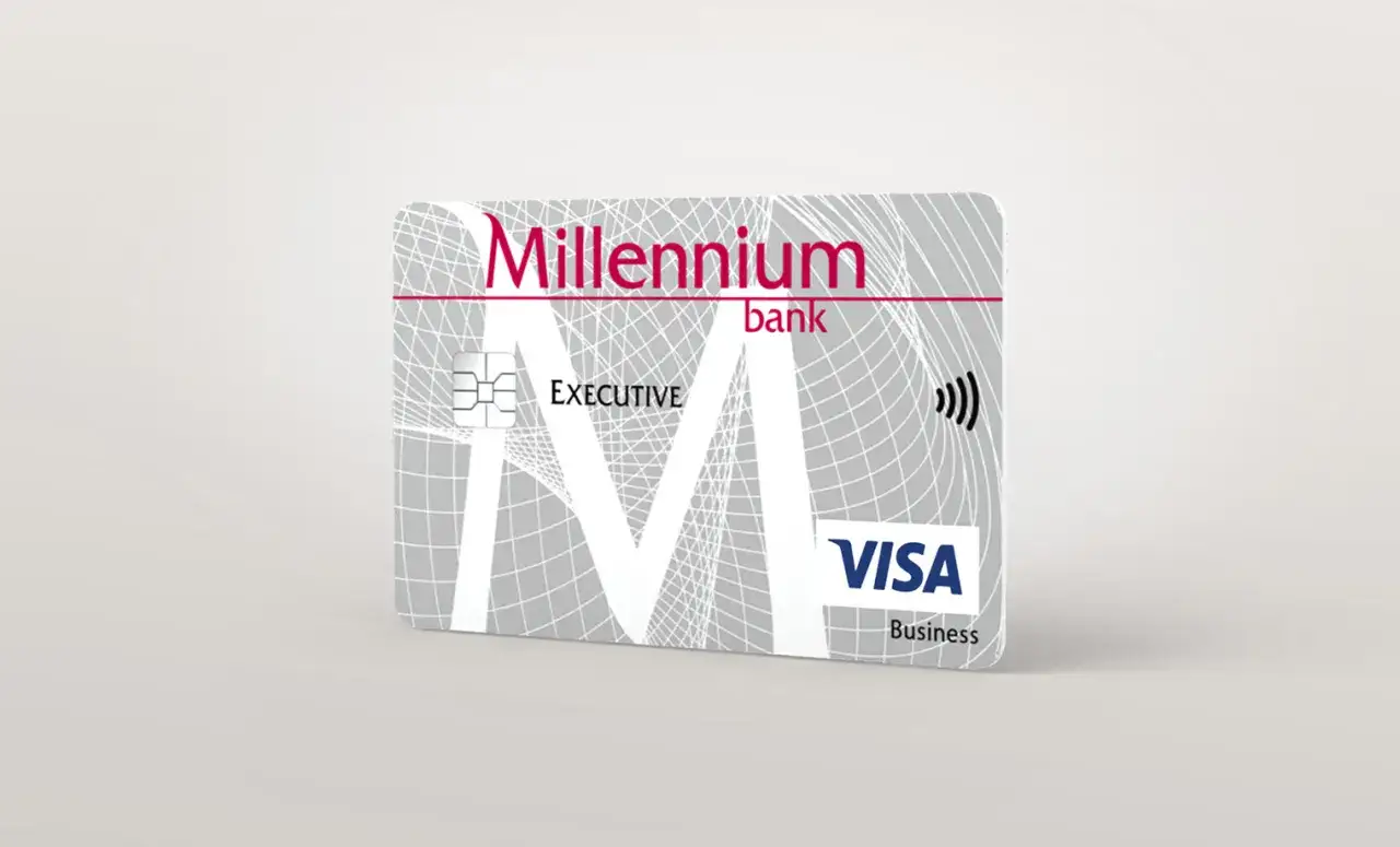 Karta Visa Executive z logo Millennium bank, idealna do prowadzenia biznesu. Posiadanie takiego konta firmowego ułatwia zarządzanie finansami.