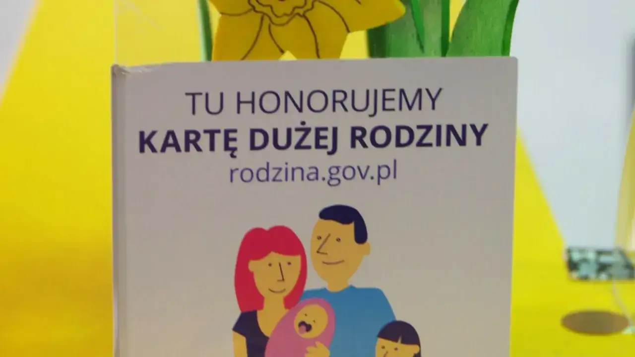 Tu honorujemy kartę dużej rodziny. Ilustracja przedstawia uśmiechniętą rodzinę z dzieckiem.