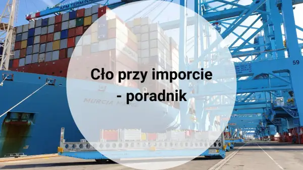 Kontenerowiec w porcie, dźwigi i wózek do przewozu kontenerów. Poradnik o tym, jak zapłacić cło przy imporcie.