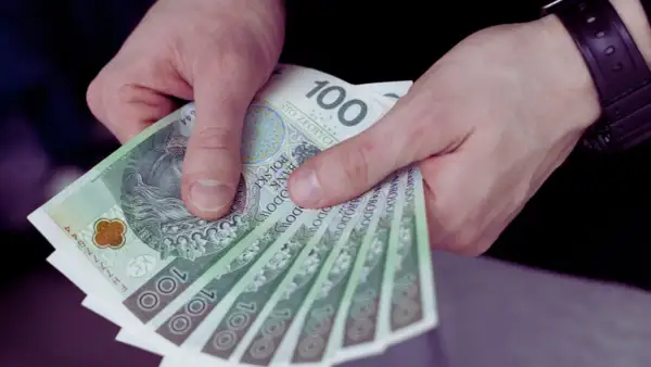 Dłonie trzymają stos banknotów 100 zł. To może być wypłata, premia lub kwota bliska minimalna brutto.