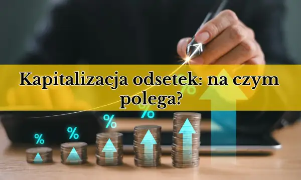 Wzrost kapitału dzięki kapitalizacji odsetek. Stosy monet rosną, symbolizując zysk.