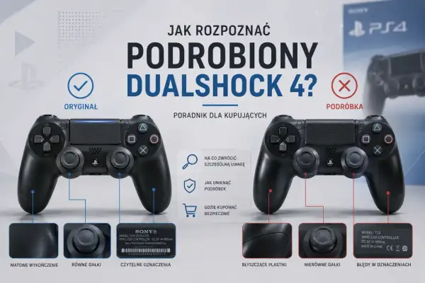 Poradnik dla kupujących: oryginalny DualShock 4 vs podróbka. Zwróć uwagę na matowe wykończenie, równe gałki i czytelne oznaczenia, by uniknąć nieuczciwego przedsiębiorstwa.