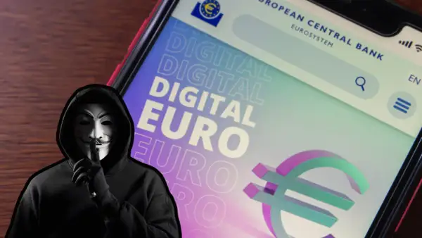 Tajemnicza postać w masce Guy Fawkesa szepcze o cyfrowym euro, nowej formie CBDC.