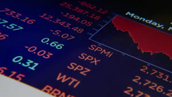 Wykres giełdowy z danymi, w tym wskaźnikami jak SPMi, SPX, SPZ, WTI. Widać spadki, a obok liczby, które mogą oznaczać cenę lub zmianę.