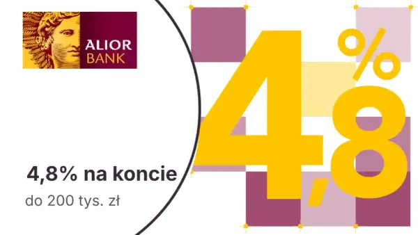 Alior Bank lokaty: 4,8% na koncie do 200 tys. zł. Duża, żółta czwórka i ósemka z procentem.